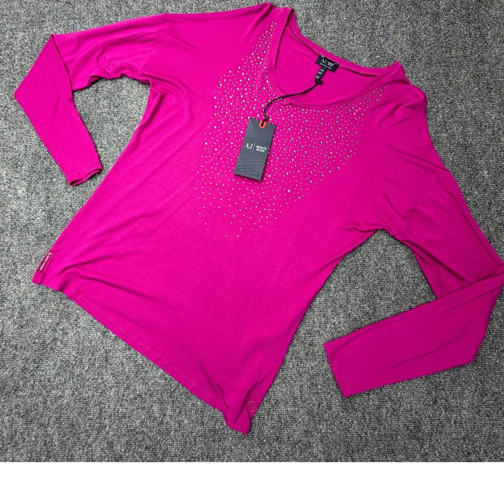 Armani Jeans Womens XL Fuchsia Rhinestone Long Sleeve Top Modal Blend NWT